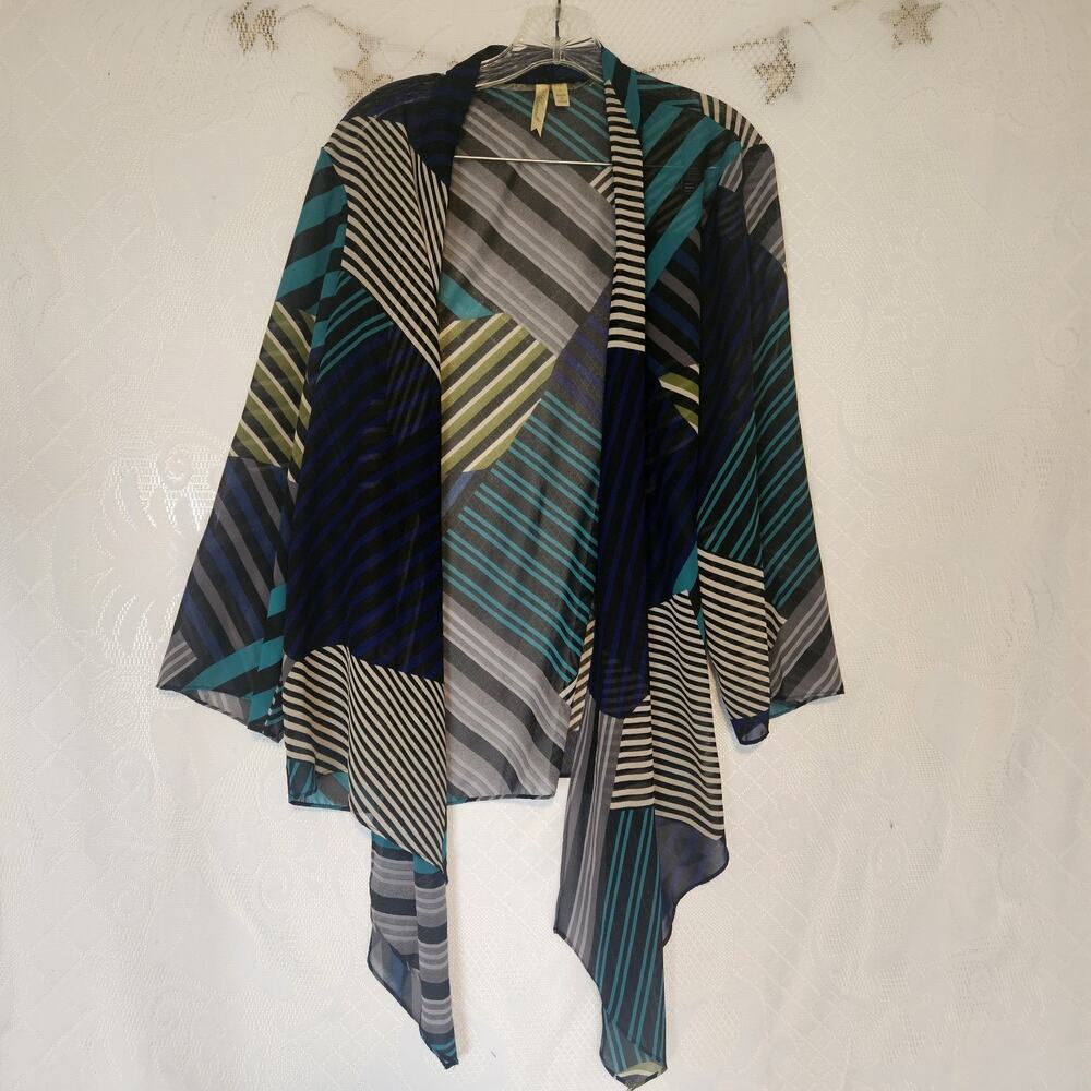 Chenault Large Sheer Open Cardigan Coverup Flowy Striped Asymmetrical Artsy 70s